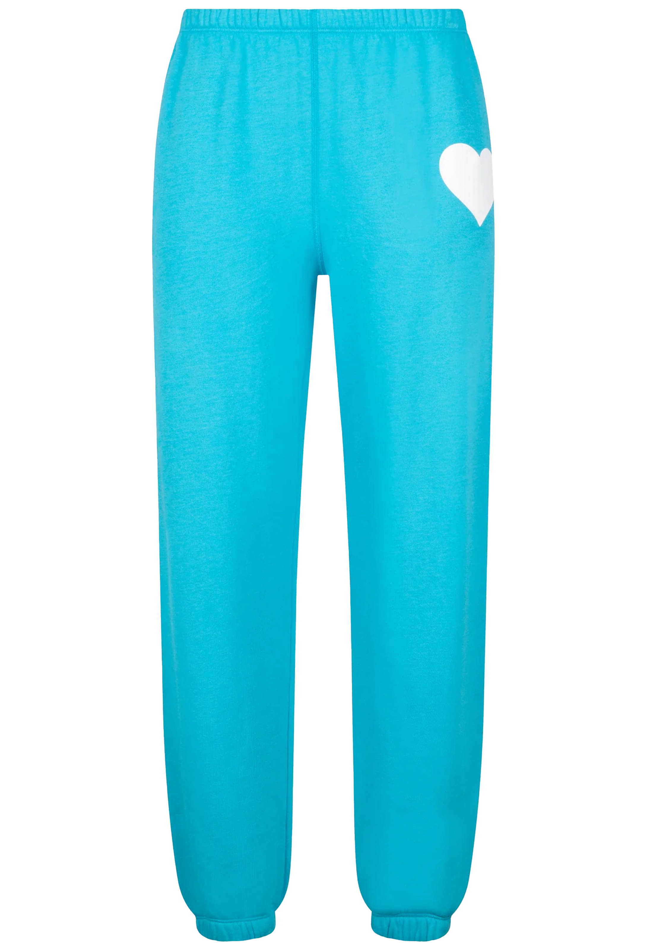 Turquoise sweatpants with a heart design on a white background