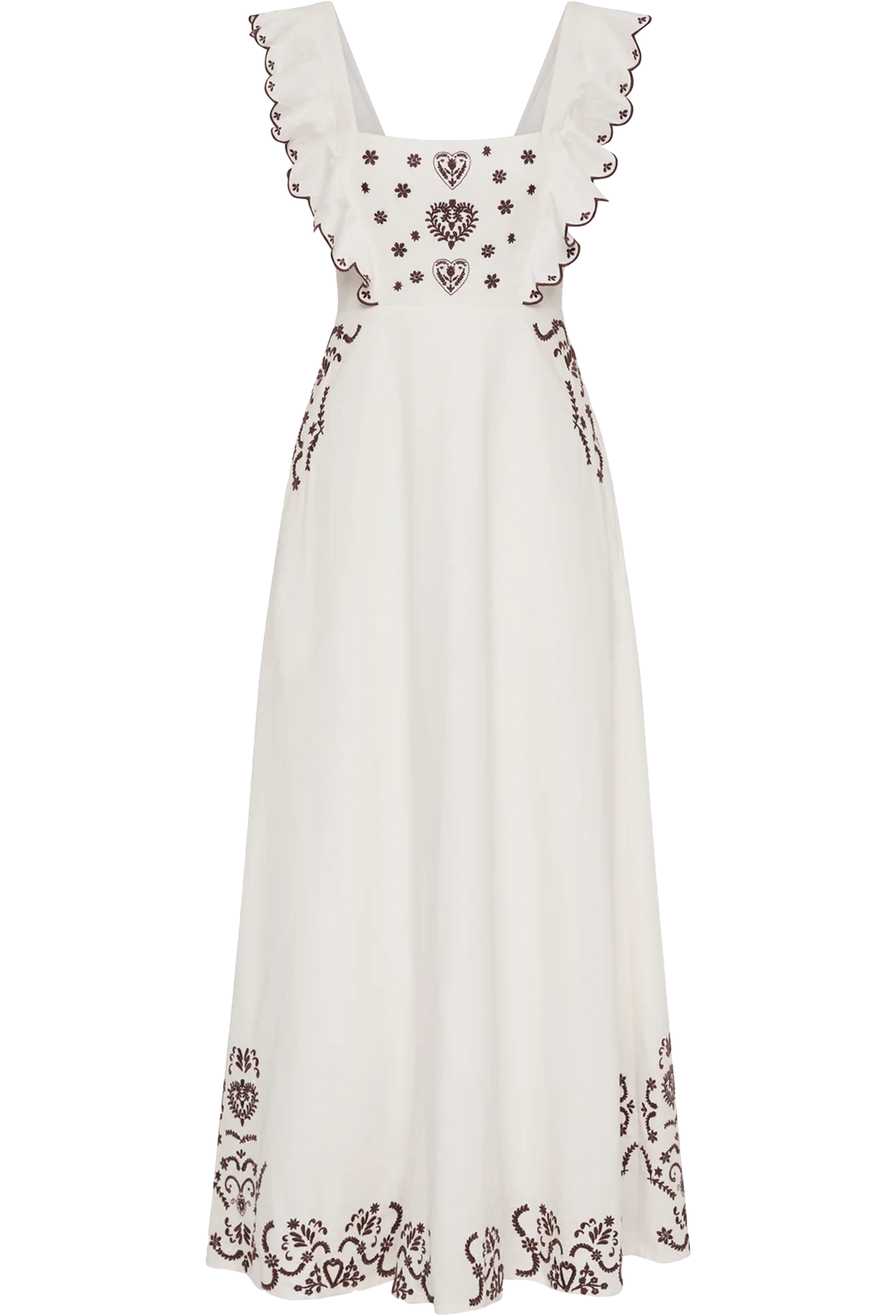White dress with floral embroidery on a white background