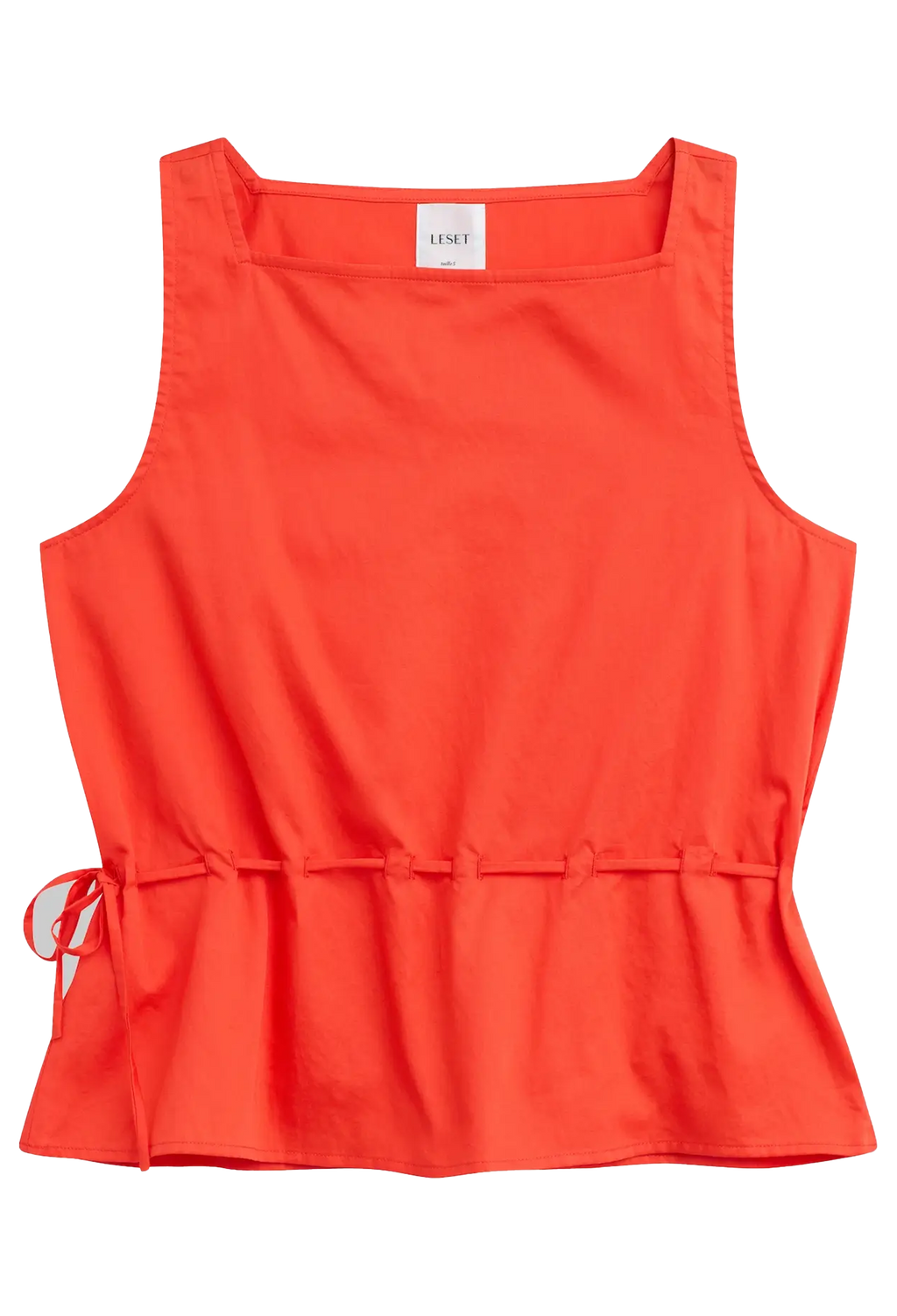 Red sleeveless top with a tie detail on a white background