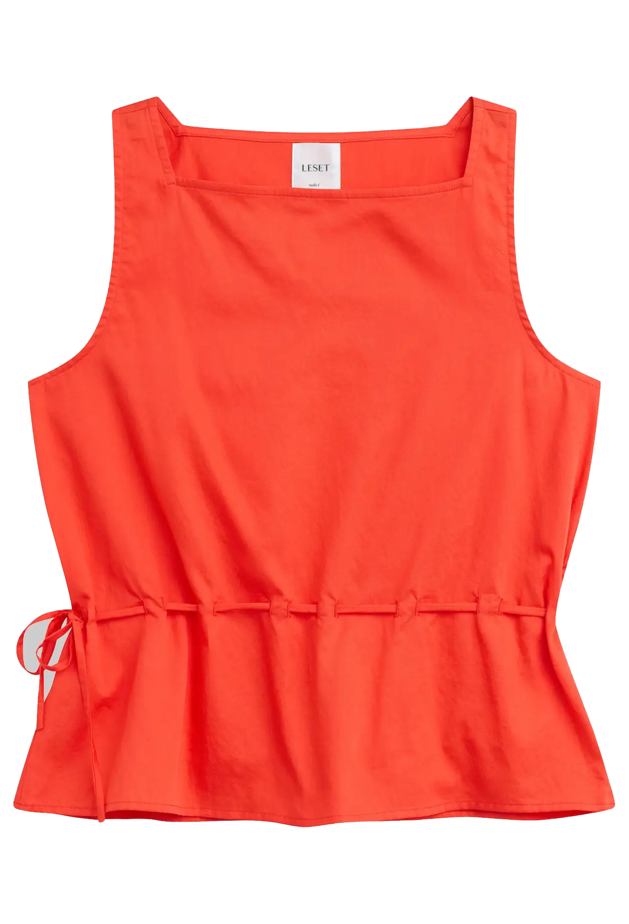 Red sleeveless top with a tie detail on a white background