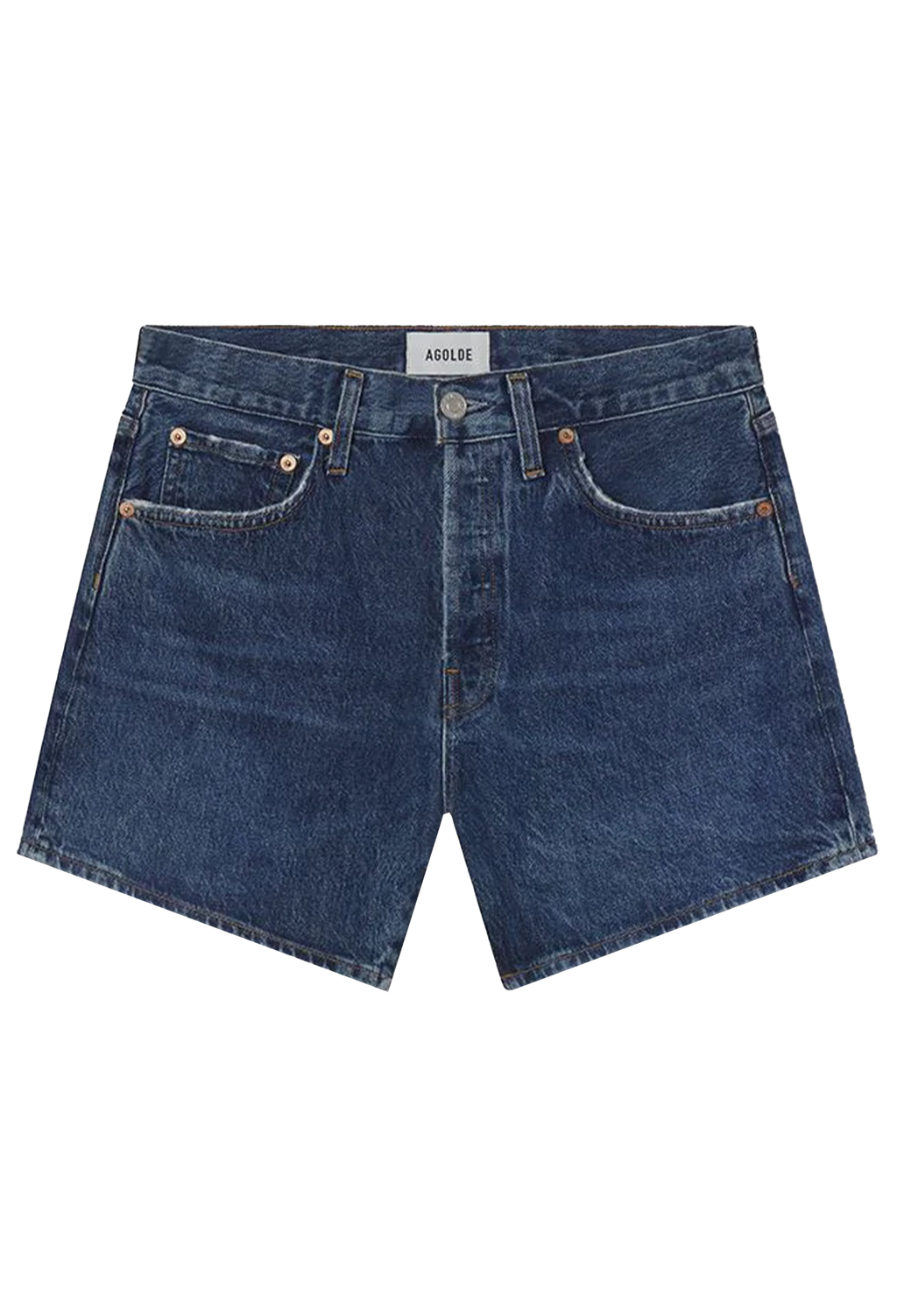 Blue denim shorts on a white background