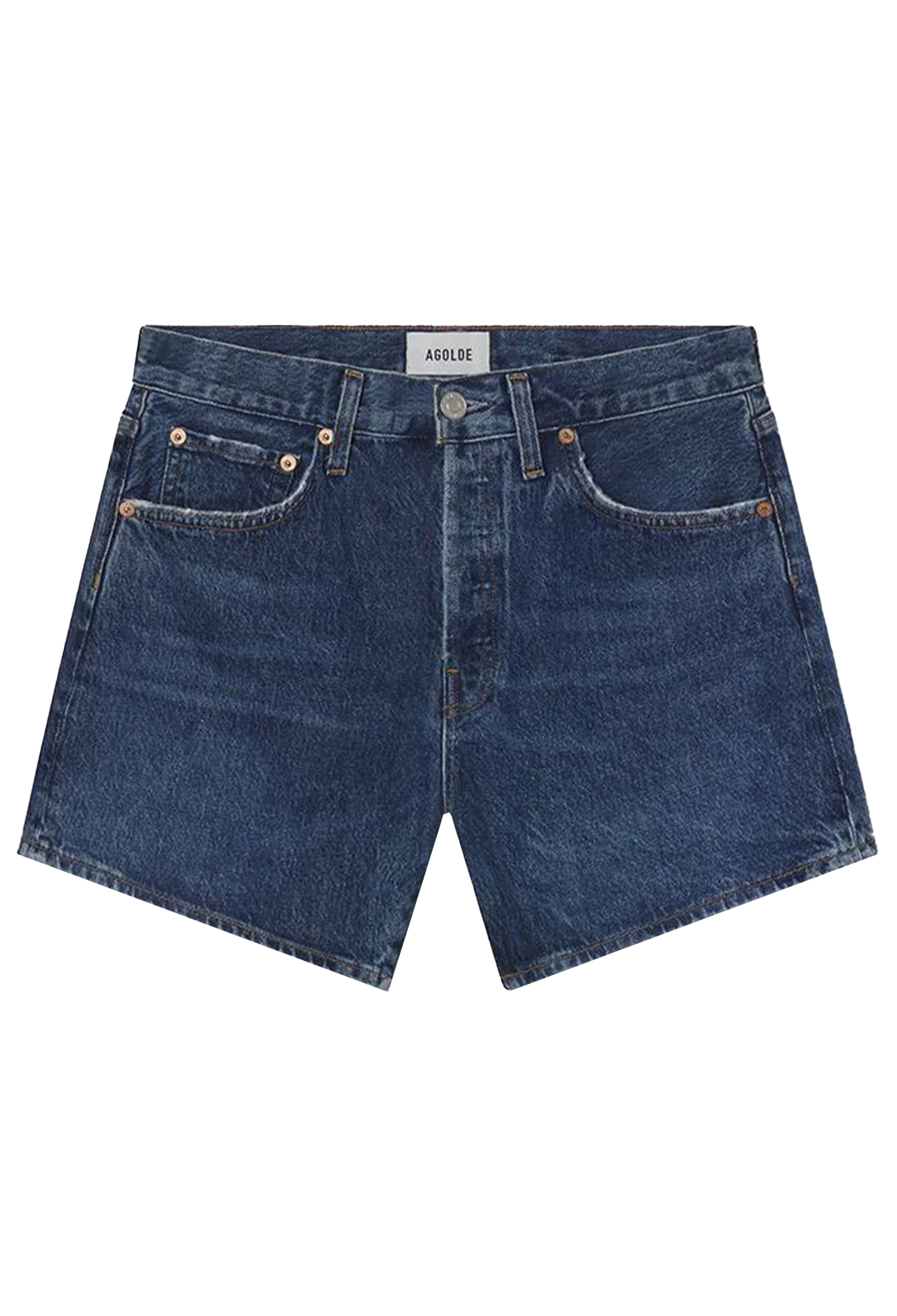 Blue denim shorts on a white background