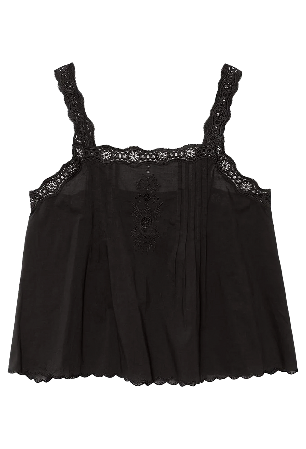 Black lace-trimmed top on a white background