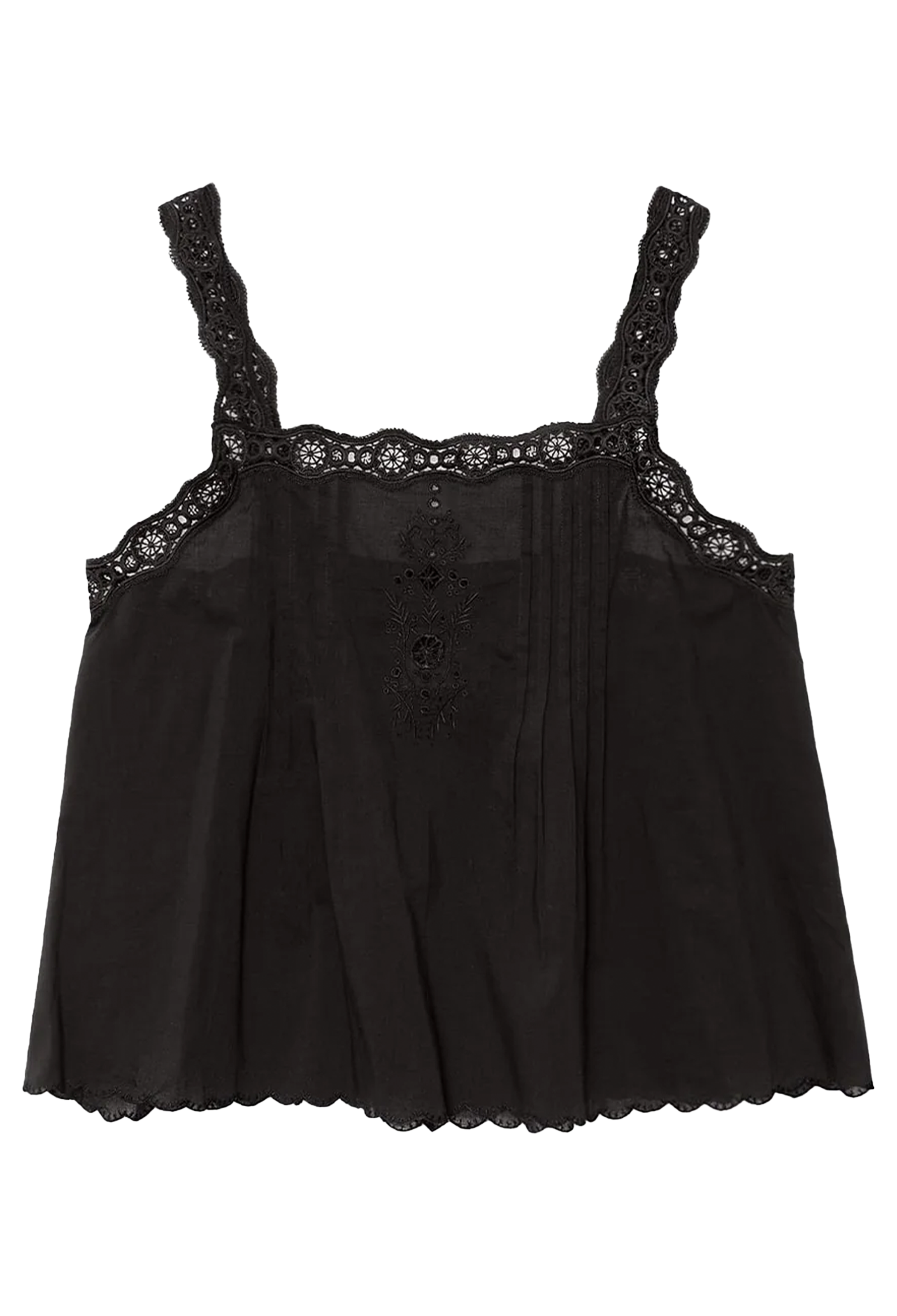 Black lace-trimmed top on a white background