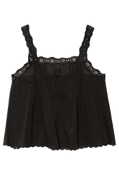 Black lace-trimmed top on a white background
