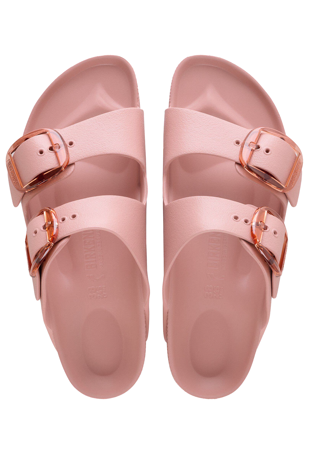Pair of pink sandals with gold buckles on a transparent background