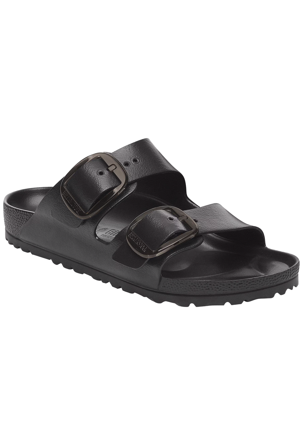 Black sandal with double buckle on a white background