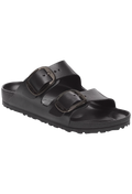 Black sandal with double buckle on a white background