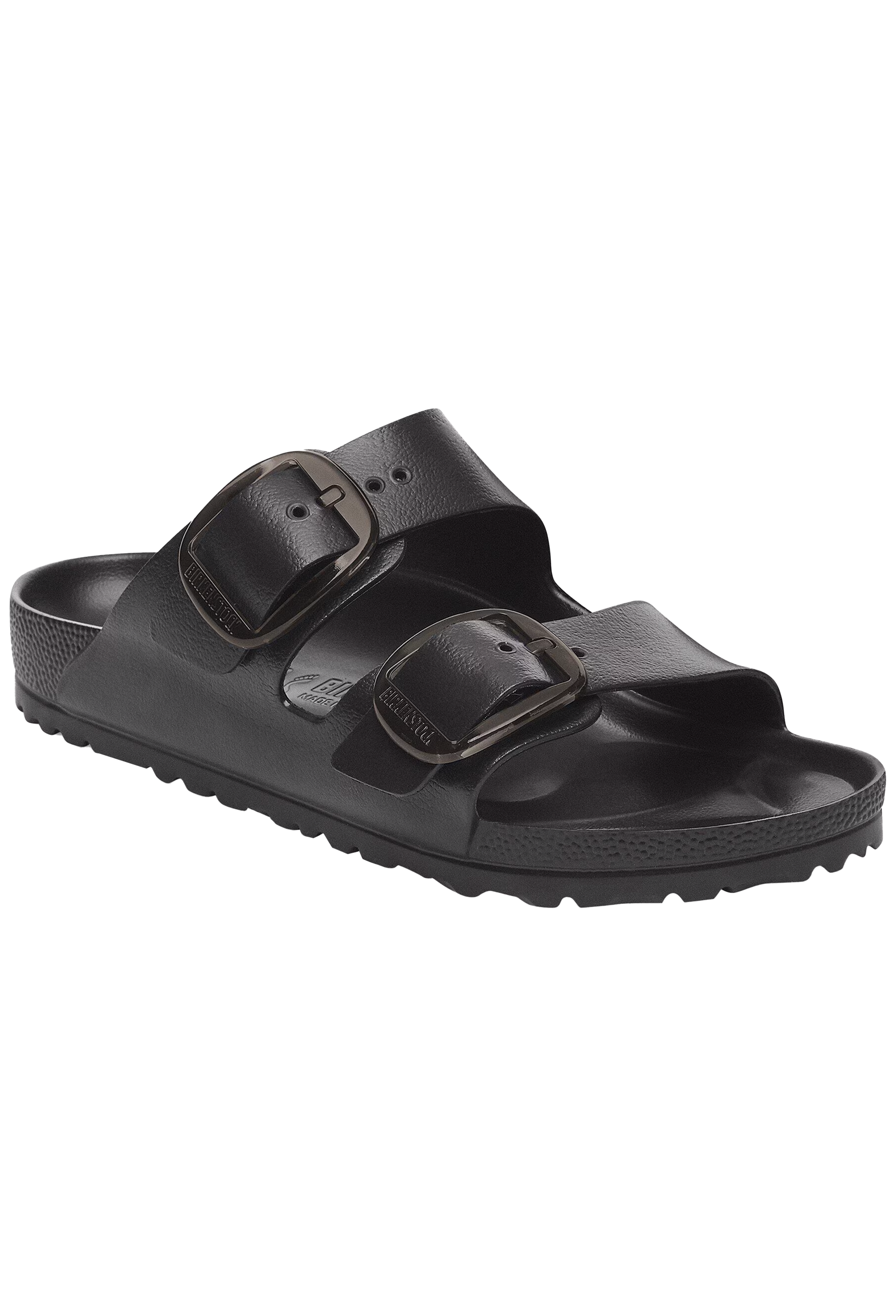 Black sandal with double buckle on a white background