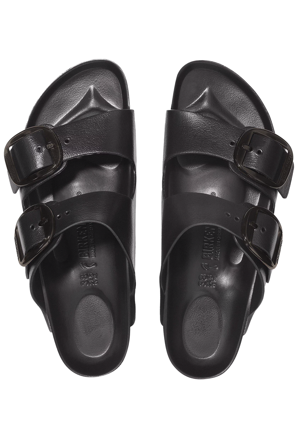 Pair of black sandals with buckles on a transparent background
