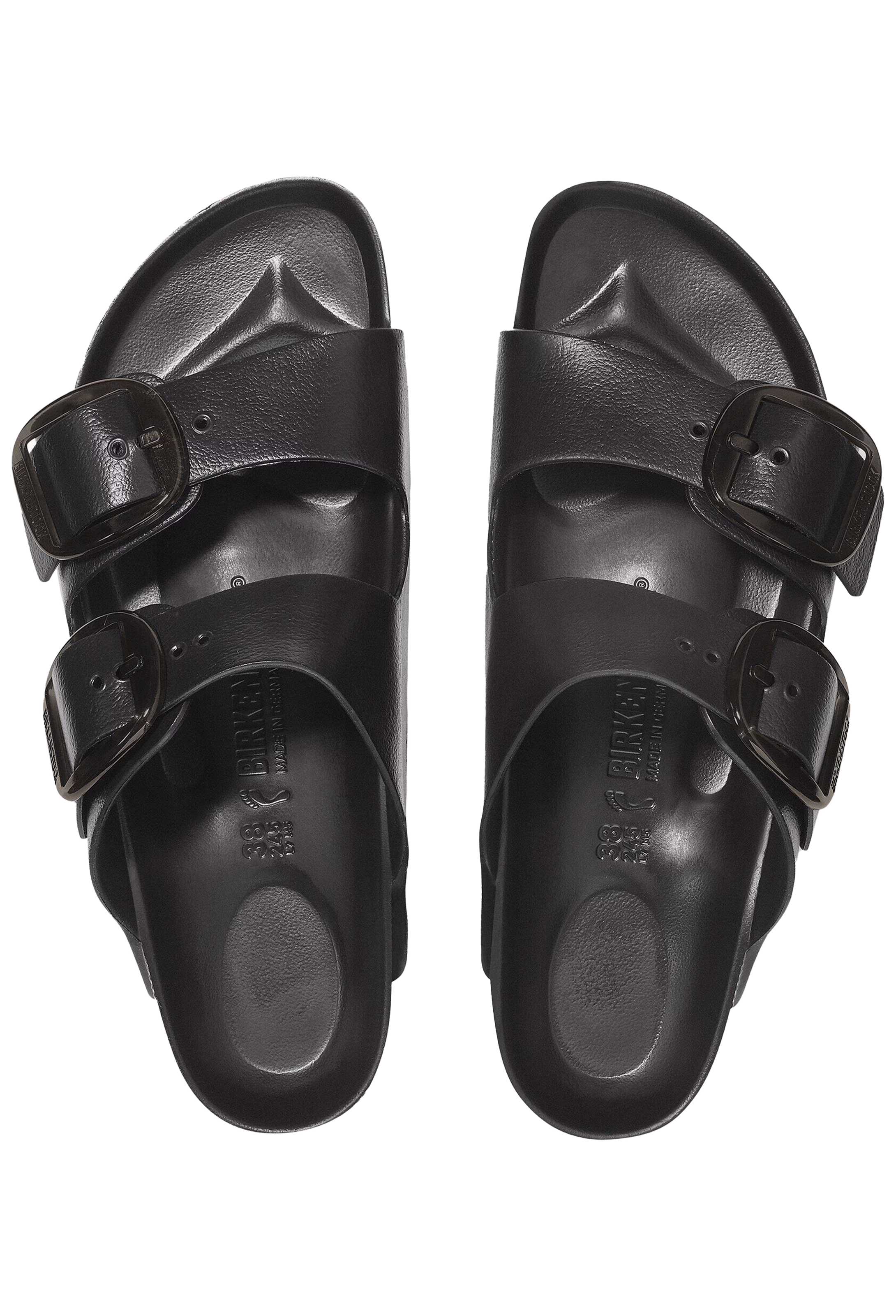 Pair of black sandals with buckles on a transparent background