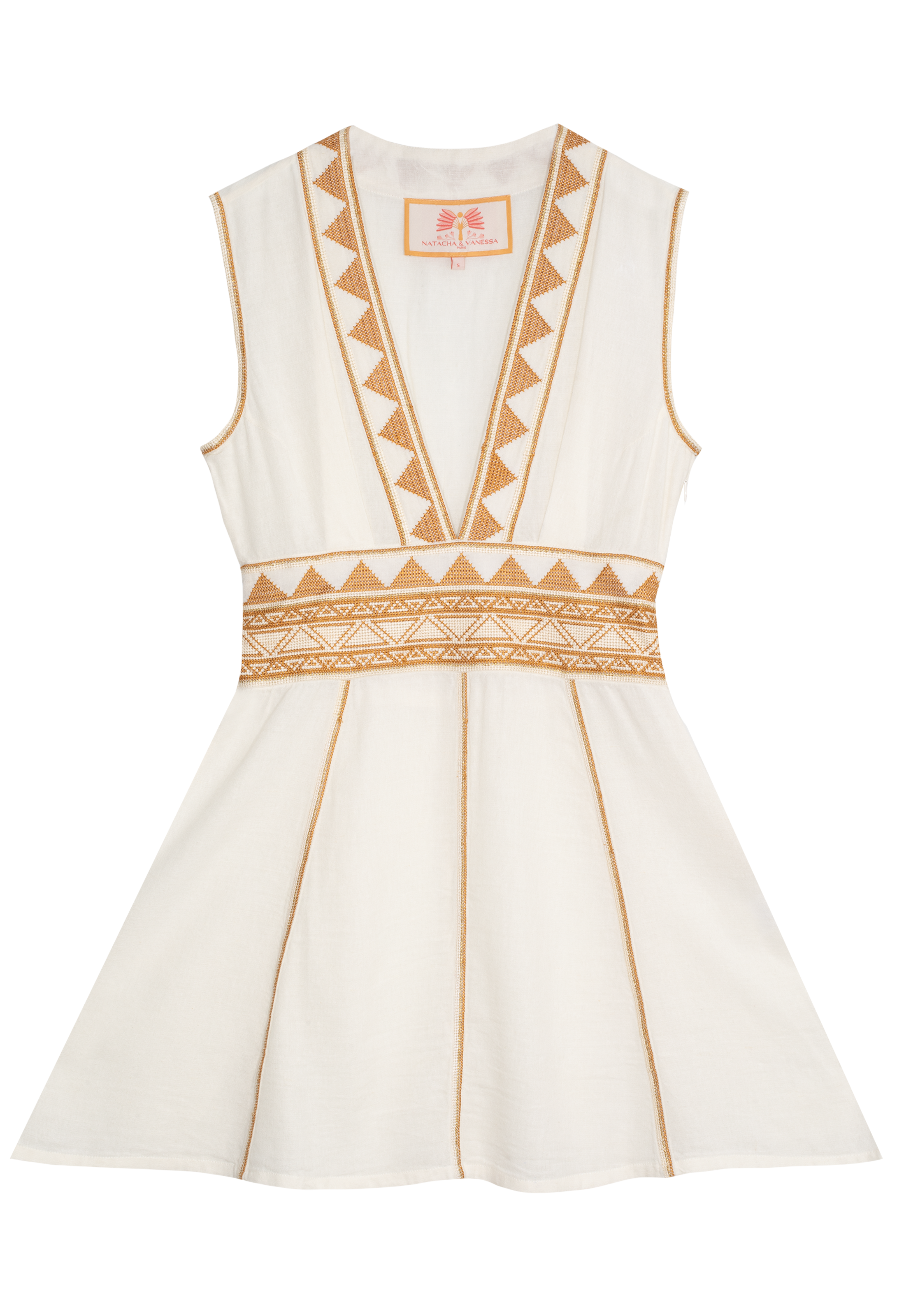 White dress with gold embroidery on a white background