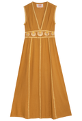 Mustard yellow dress with white embroidery on a white background