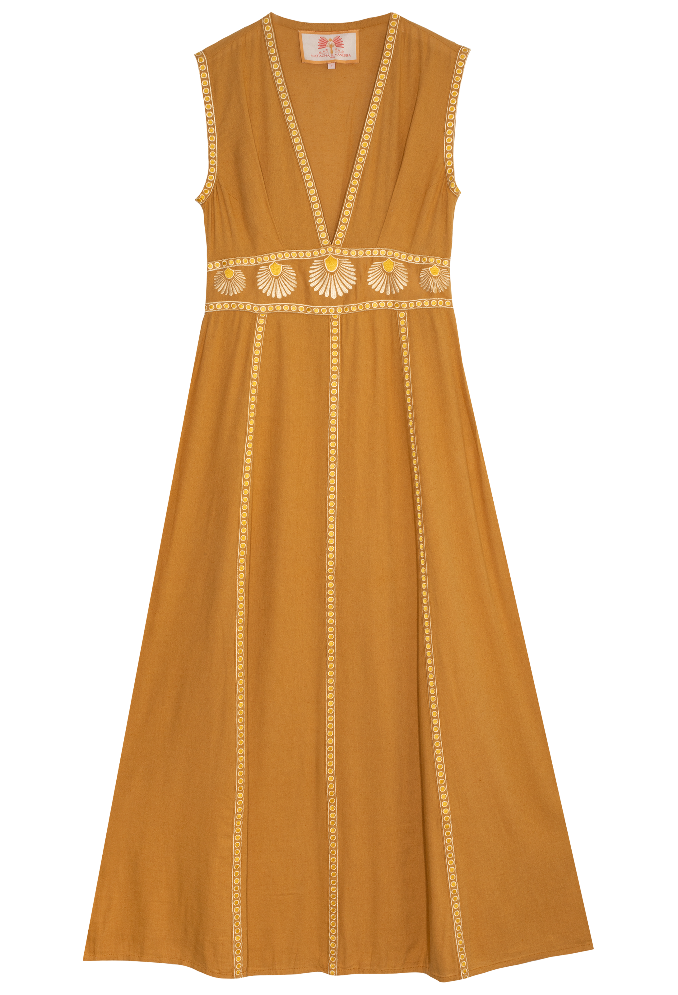 Mustard yellow dress with white embroidery on a white background