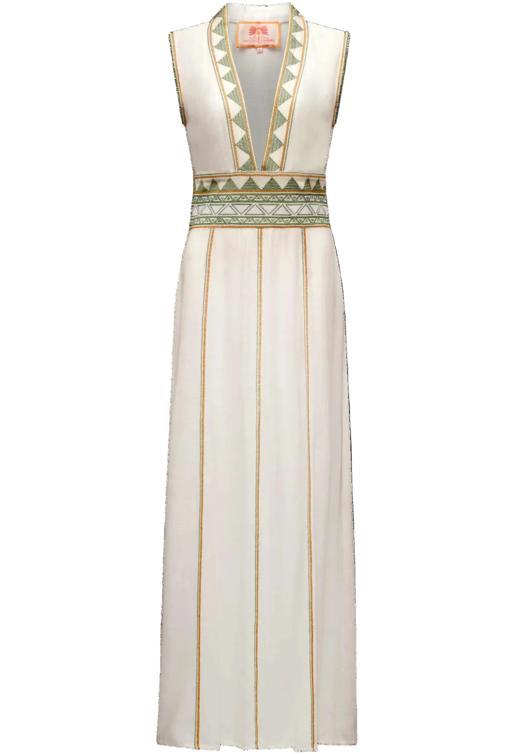 White sleeveless dress with green geometric patterns on a white background