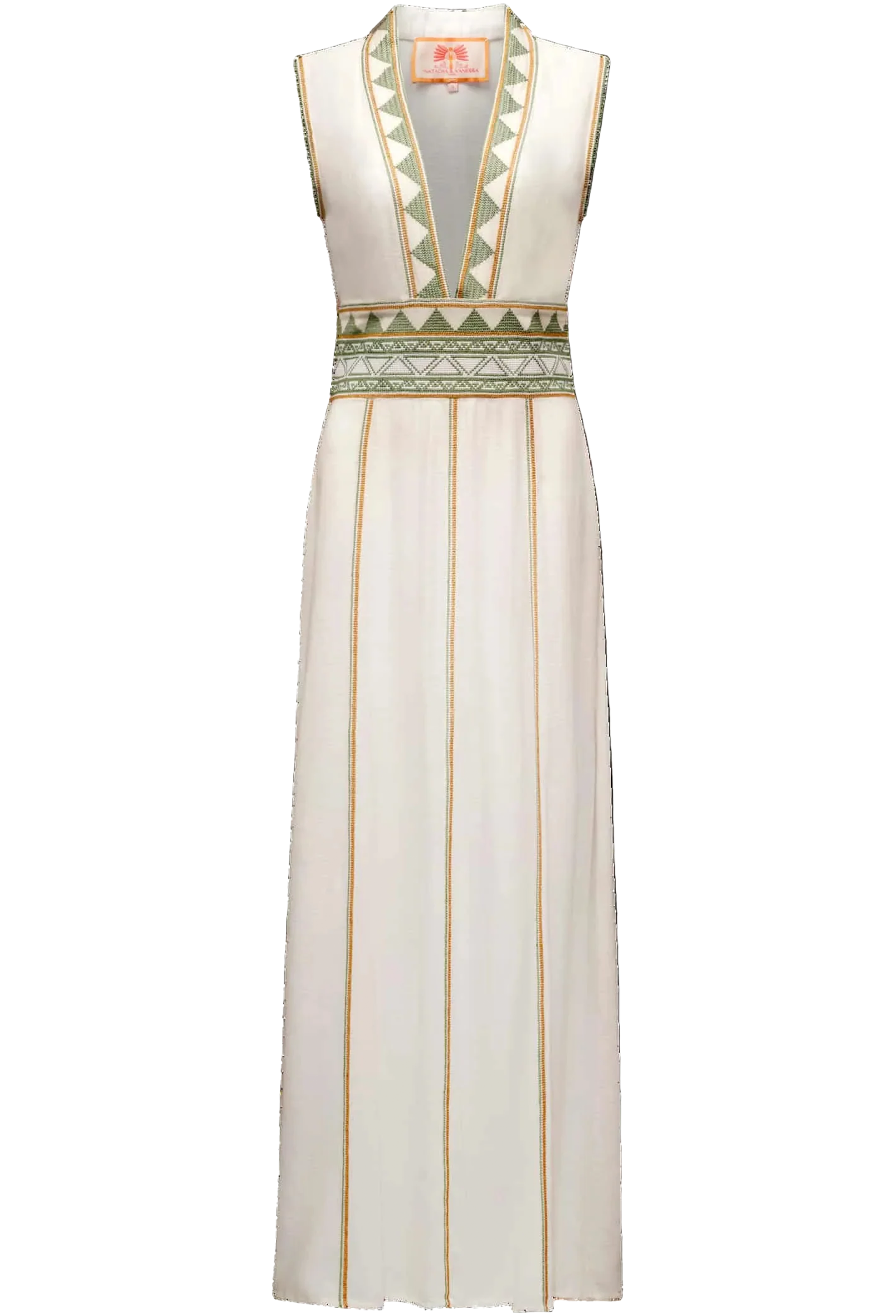 White sleeveless dress with green geometric patterns on a white background