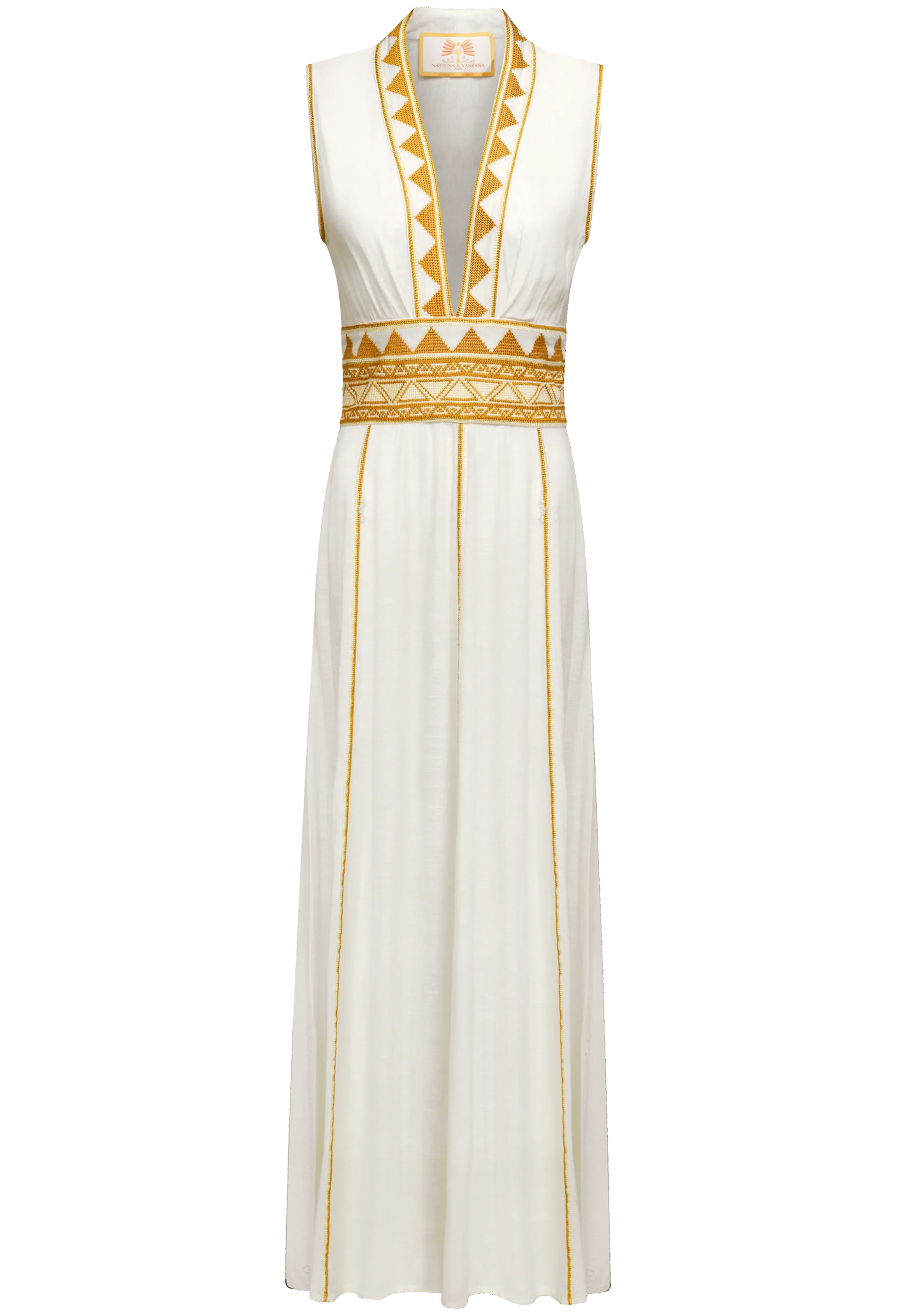 White dress with gold patterns on a white background