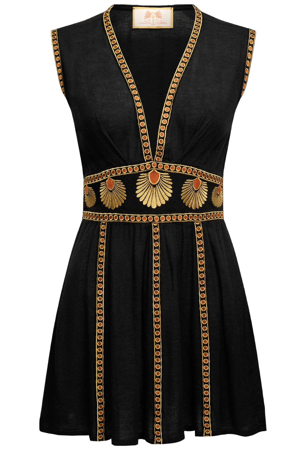Black dress with gold and red embellishments on a white background