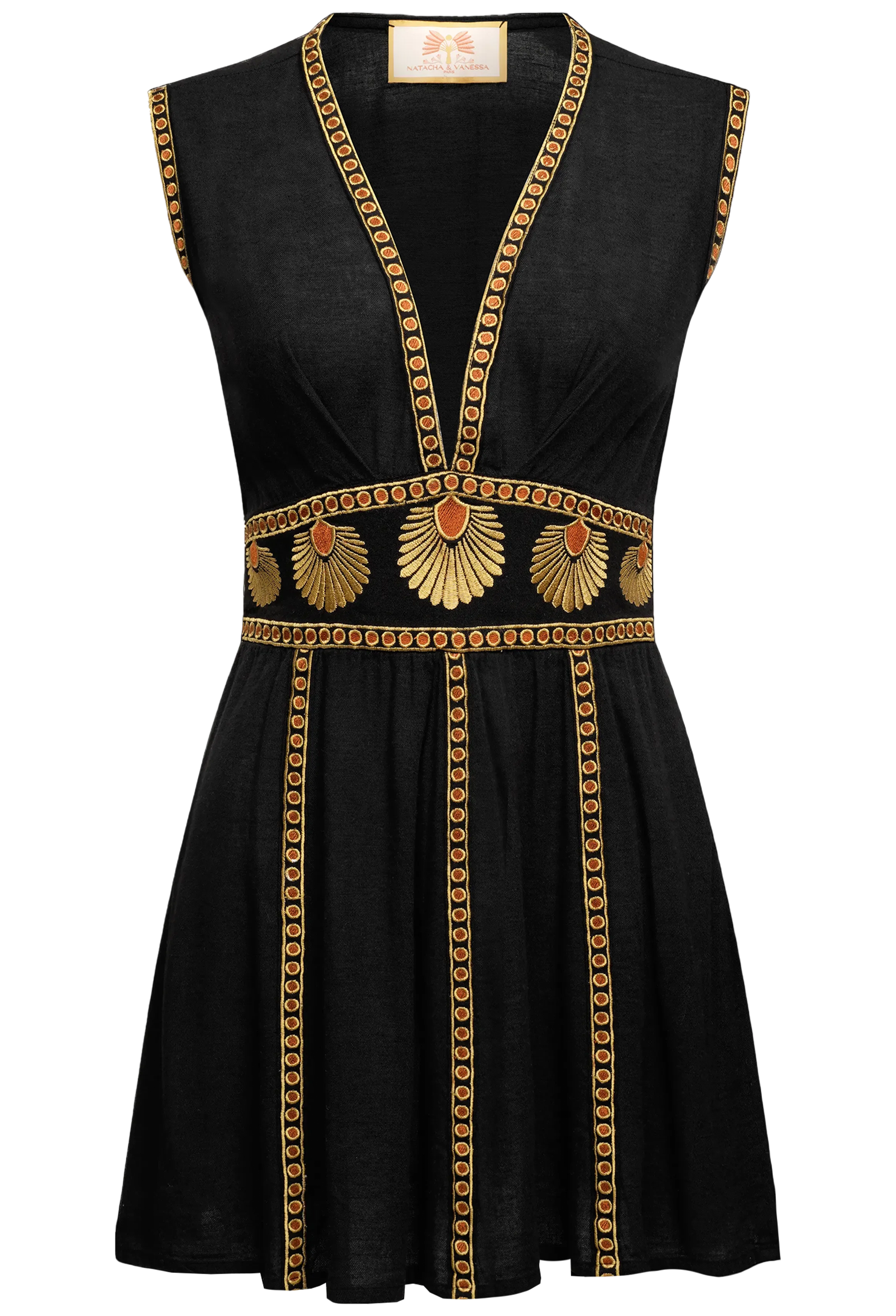 Black dress with gold and red embellishments on a white background