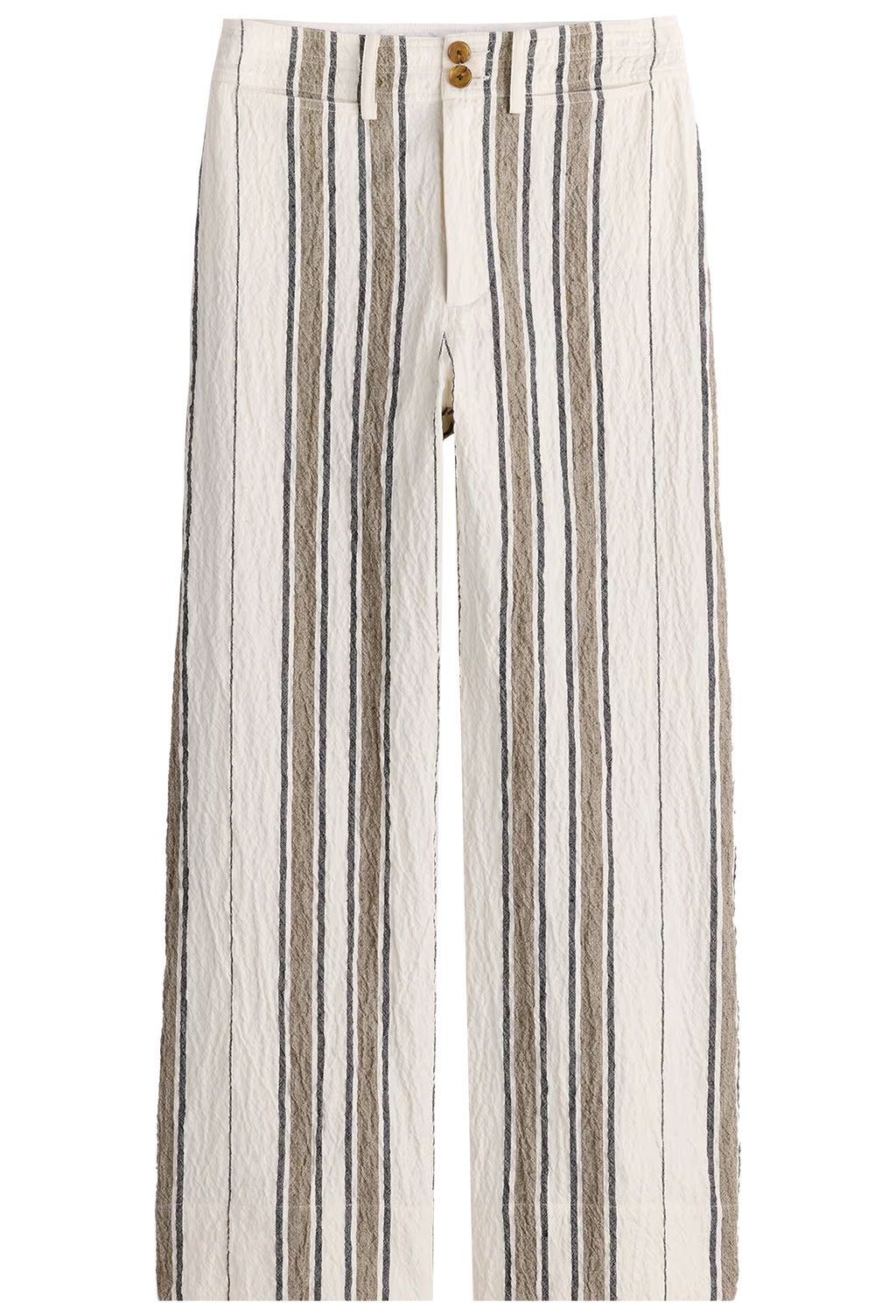 Striped pants with brown and white stripes on a white background