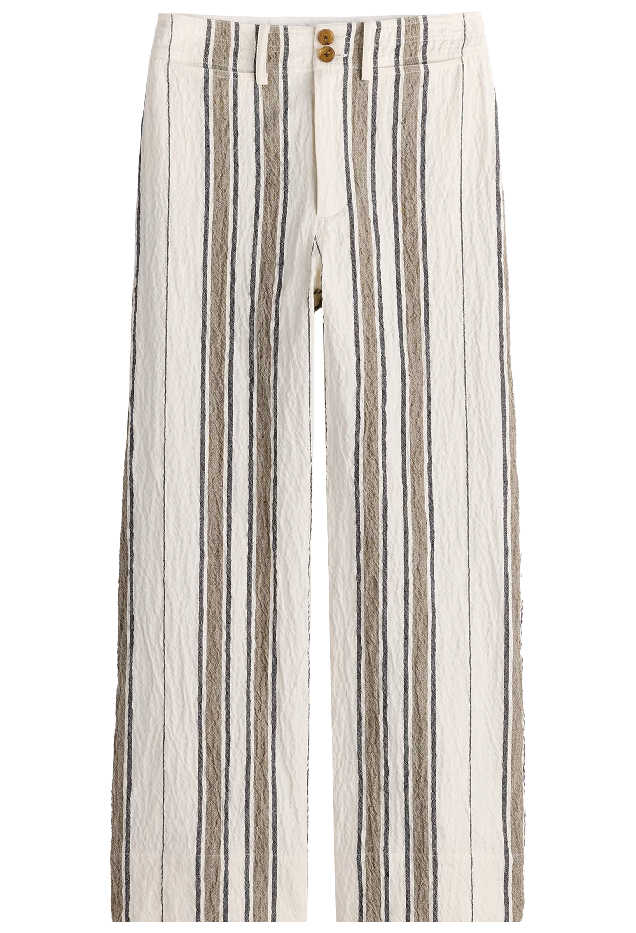 Striped pants with brown and white stripes on a white background