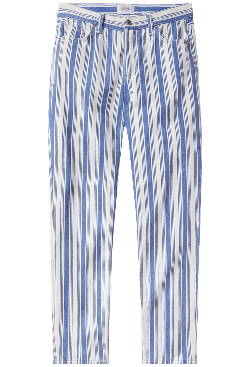 Blue and white striped pants on a white background