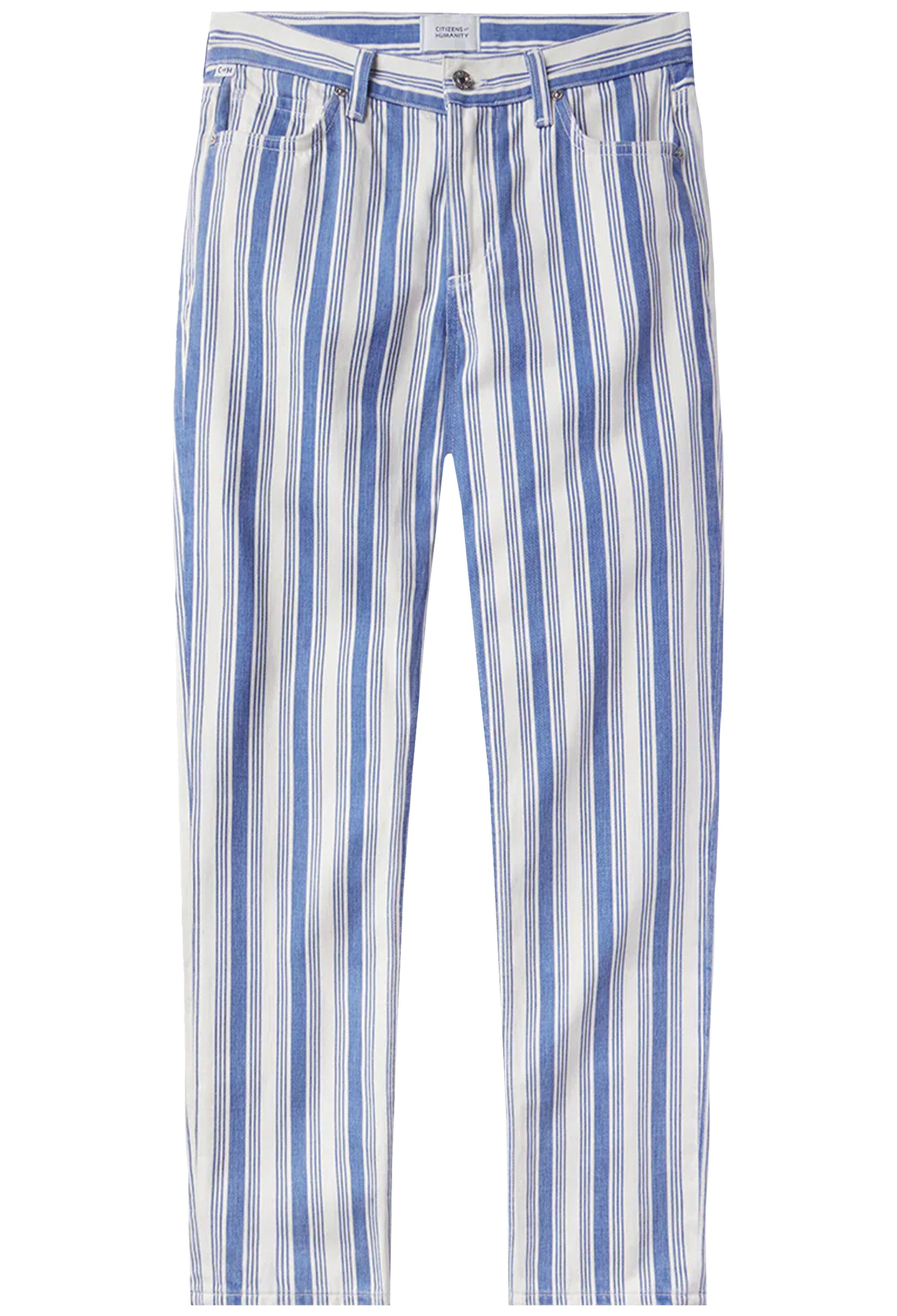 Blue and white striped pants on a white background