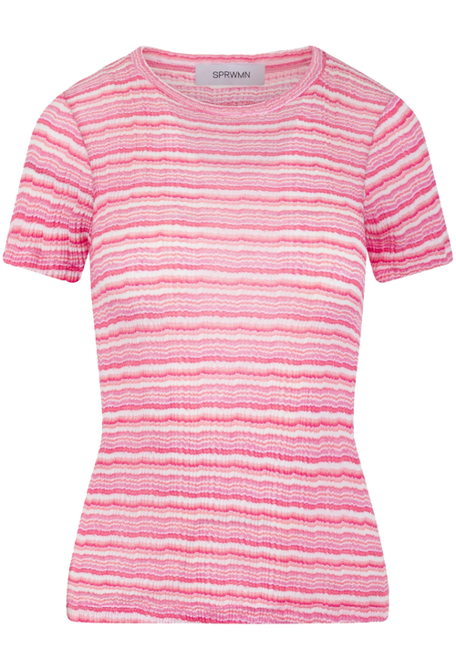 Pink and white striped t-shirt on a white background