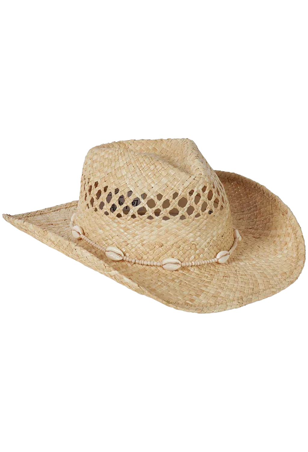 Beige straw cowboy hat with decorative band on a white background