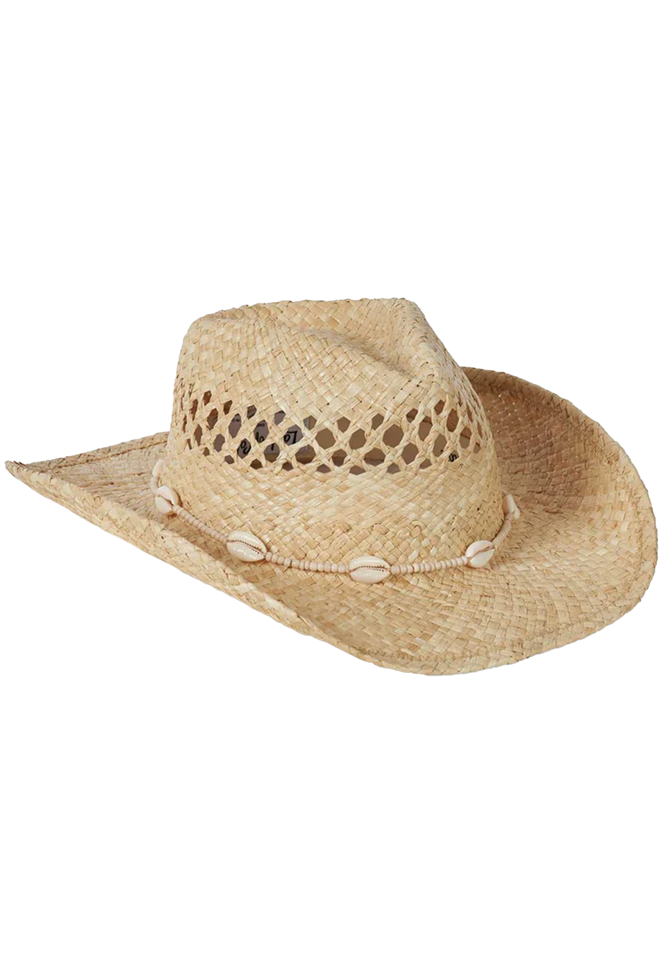 Beige straw cowboy hat with decorative band on a white background