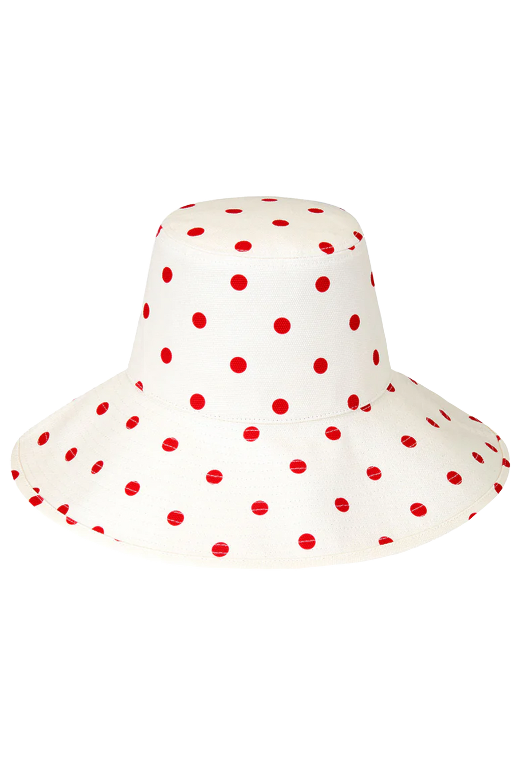 White bucket hat with red polka dots on a white background