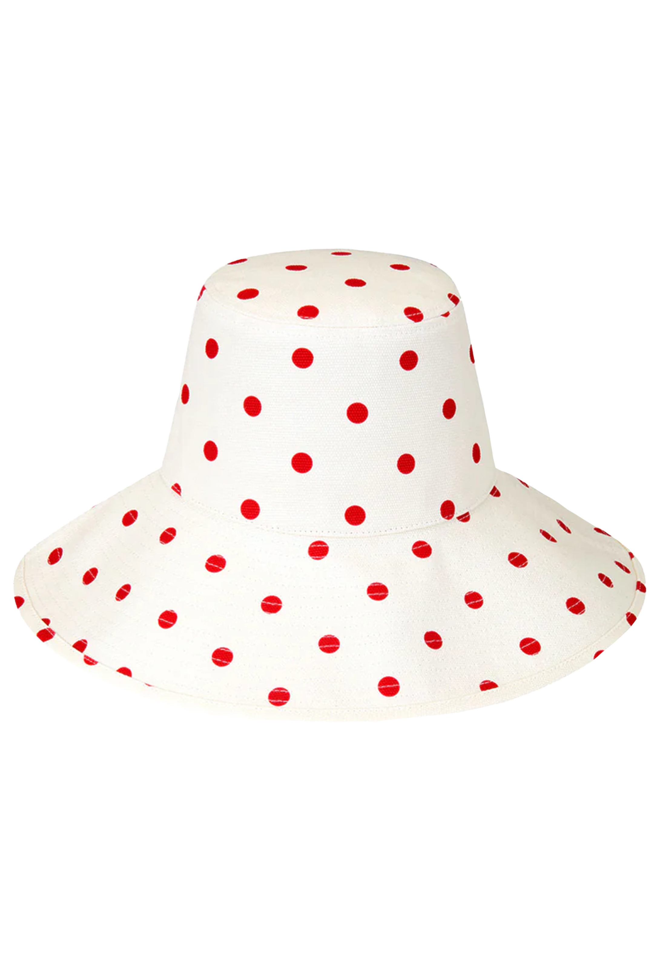 White bucket hat with red polka dots on a white background