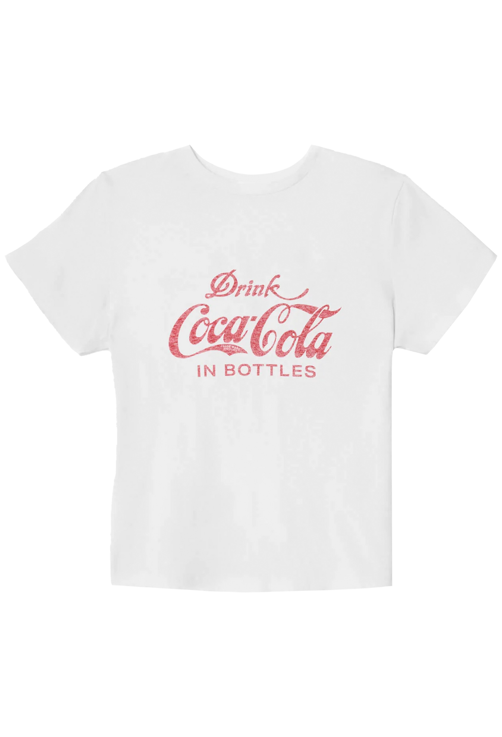 White t-shirt with red Coca-Cola text on a white background