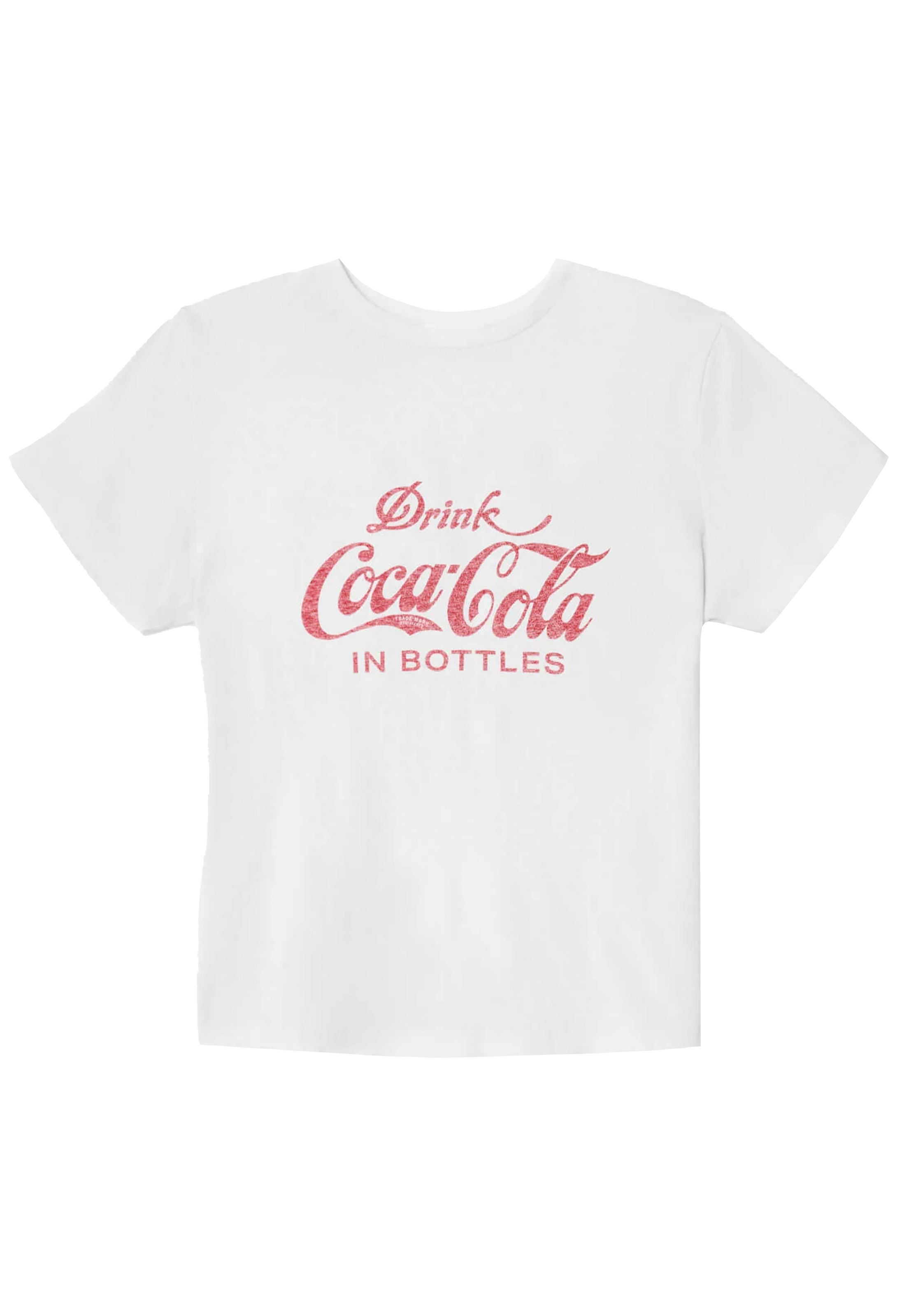 White t-shirt with red Coca-Cola text on a white background