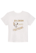 White t-shirt with ice cream cone graphic and text on a white background
