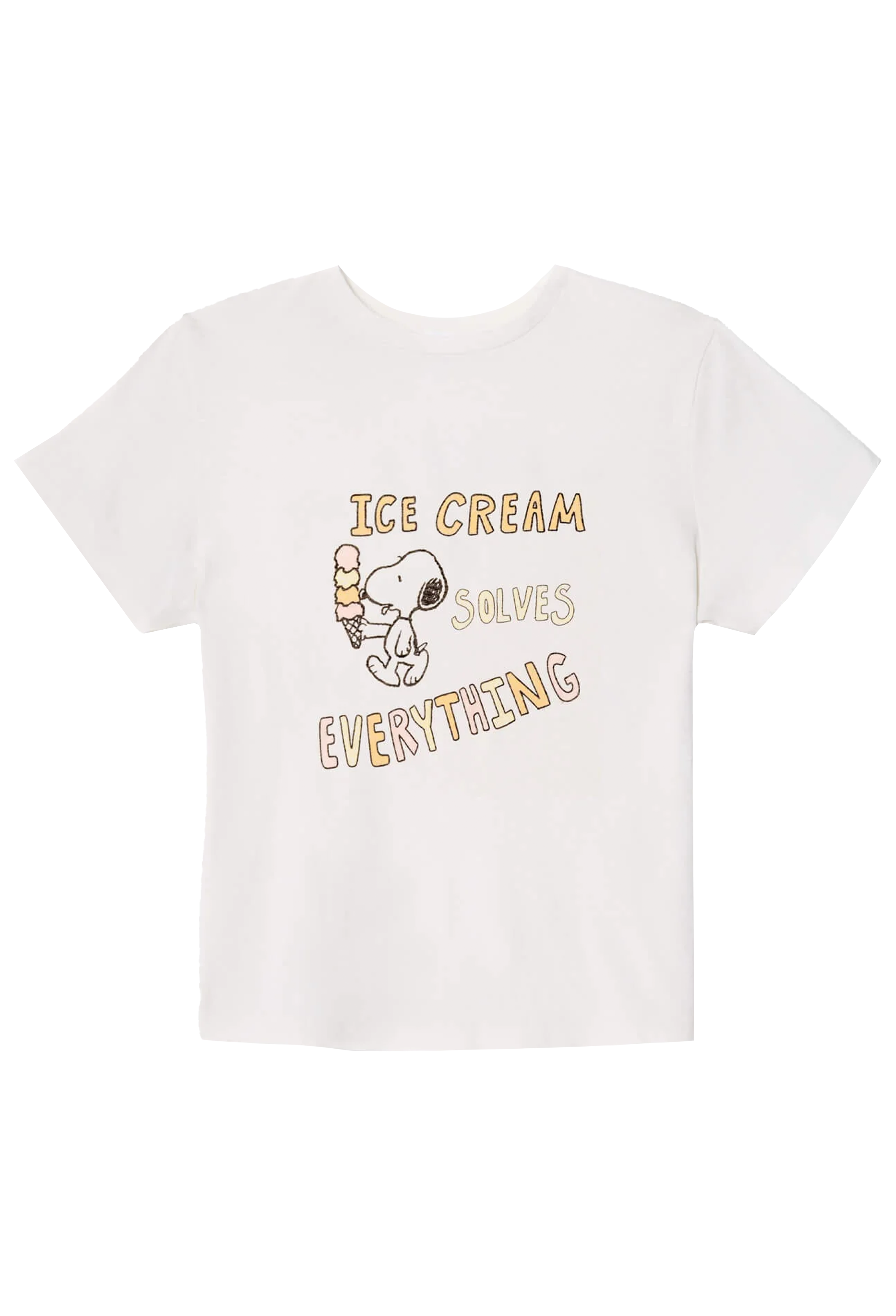 White t-shirt with ice cream cone graphic and text on a white background