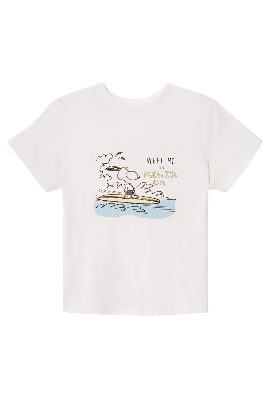 White t-shirt with a graphic design of a dog on a surfboard and text on a white background