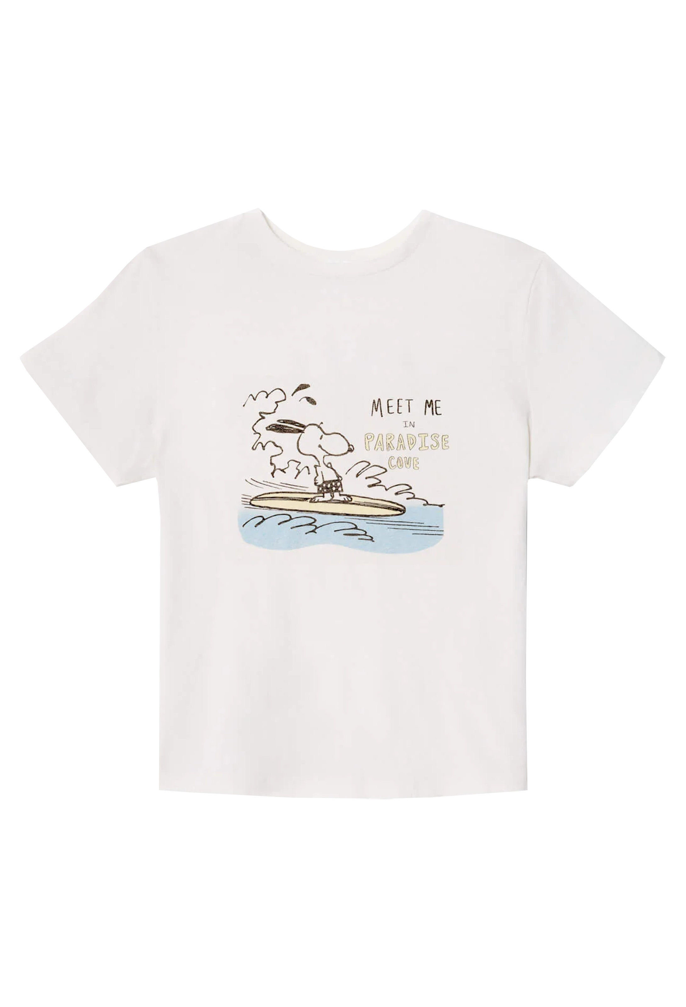 White t-shirt with a graphic design of a dog on a surfboard and text on a white background