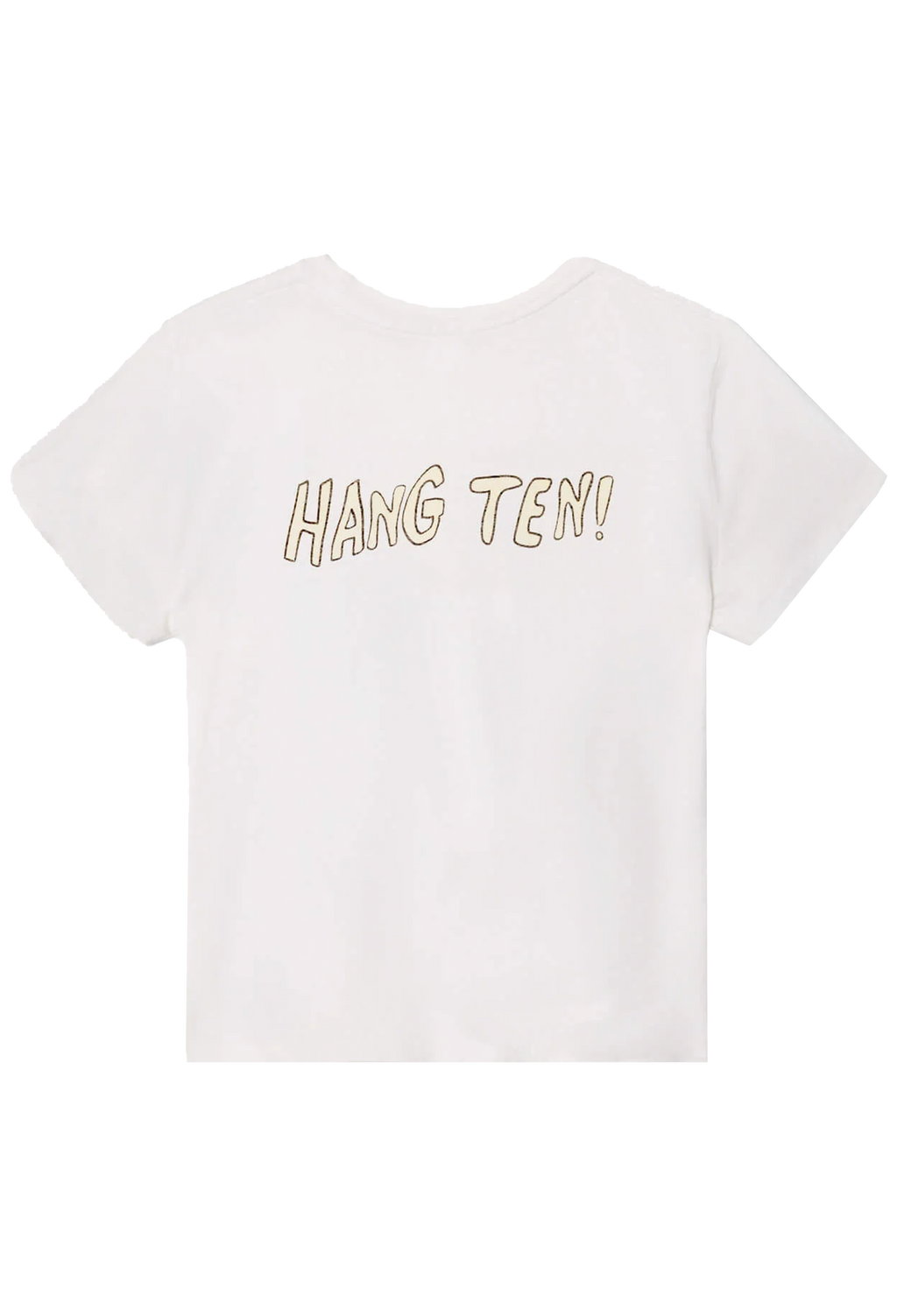 White t-shirt with 'HANG TEN!' text on a white background