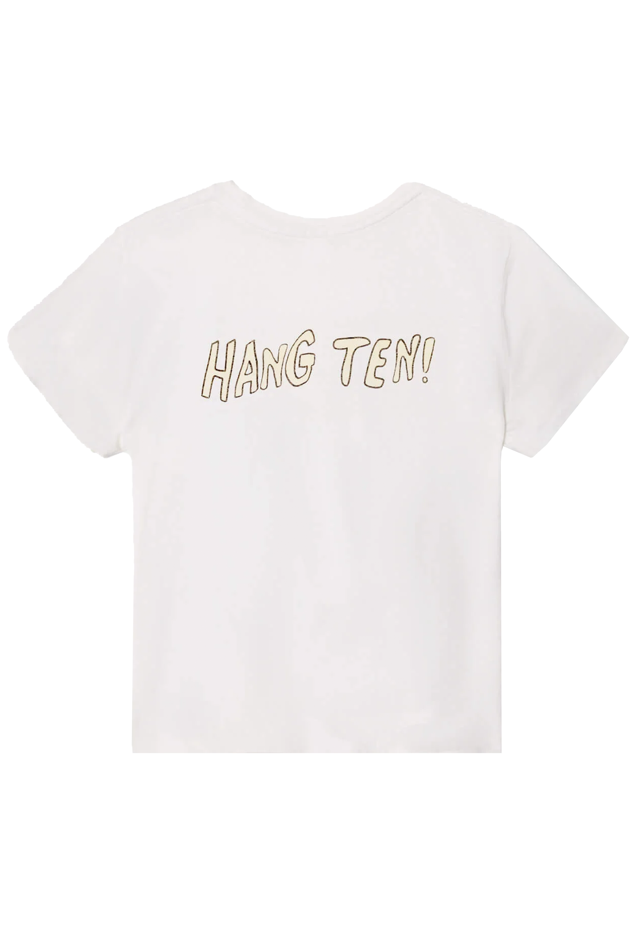 White t-shirt with 'HANG TEN!' text on a white background