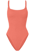 Coral one-piece swimsuit with thin straps on a white background