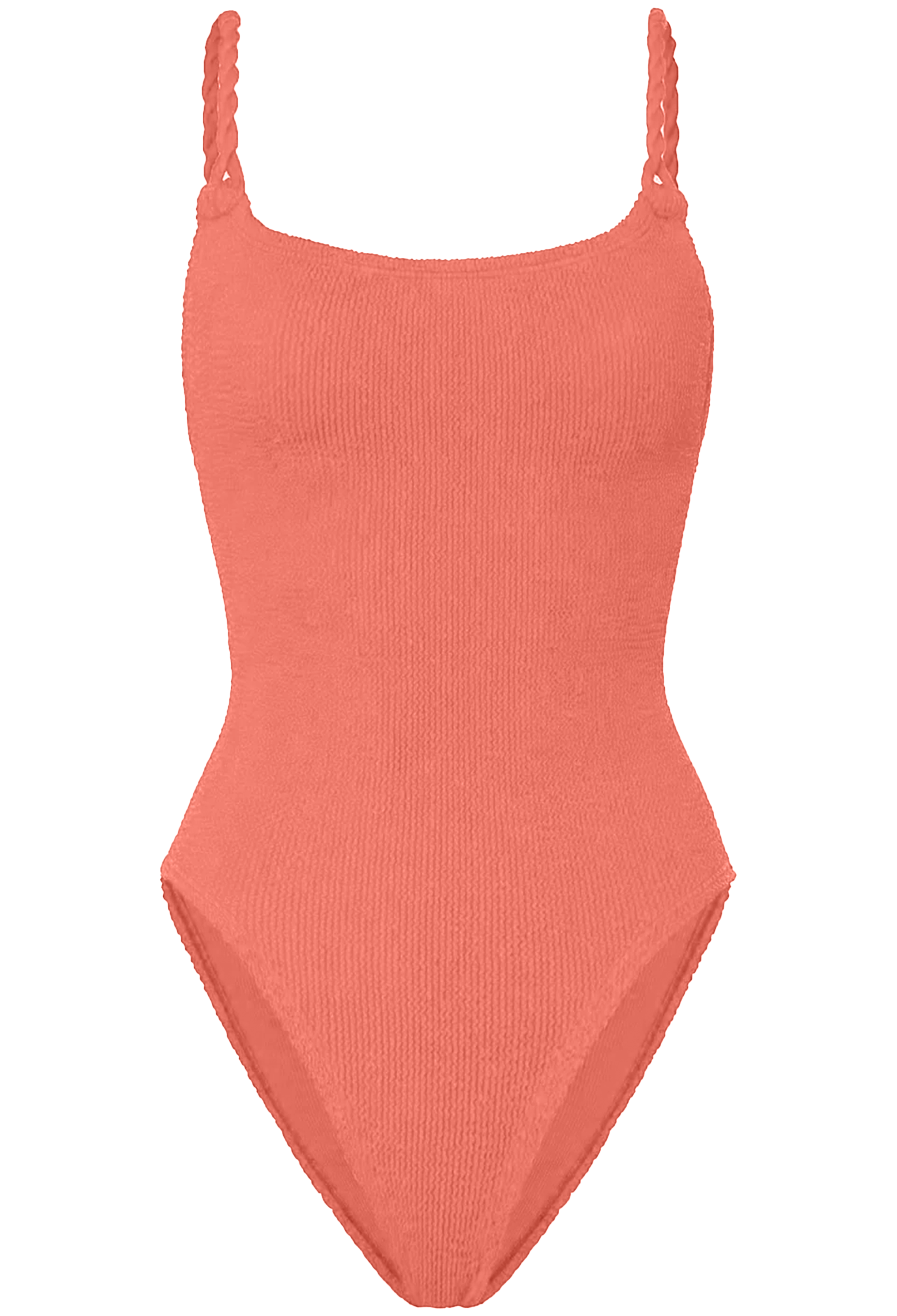 Coral one-piece swimsuit with thin straps on a white background