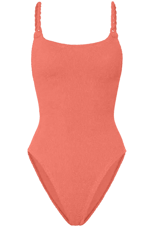 Coral one-piece swimsuit with thin straps on a white background