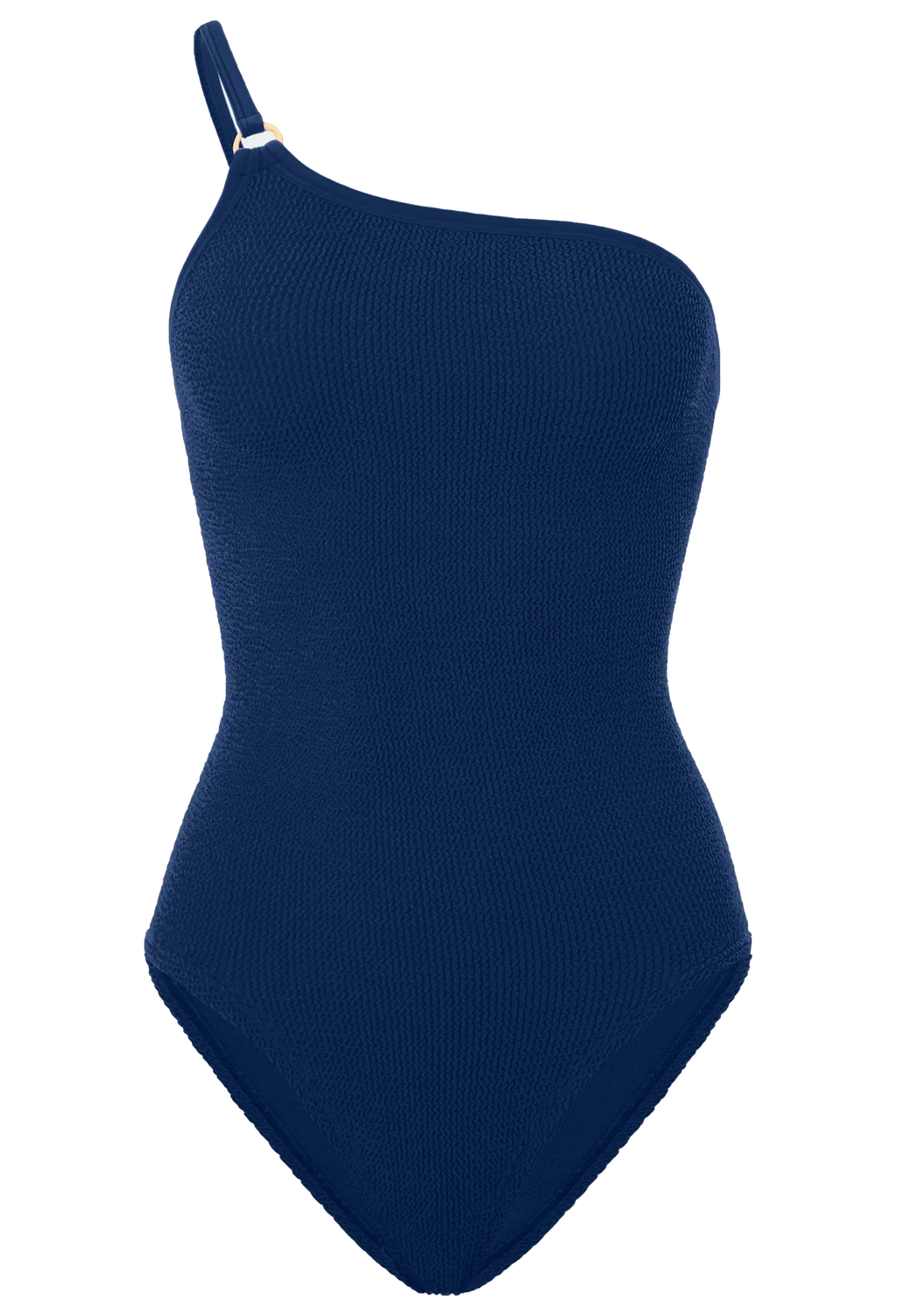 Navy blue one-shoulder swimsuit on a white background