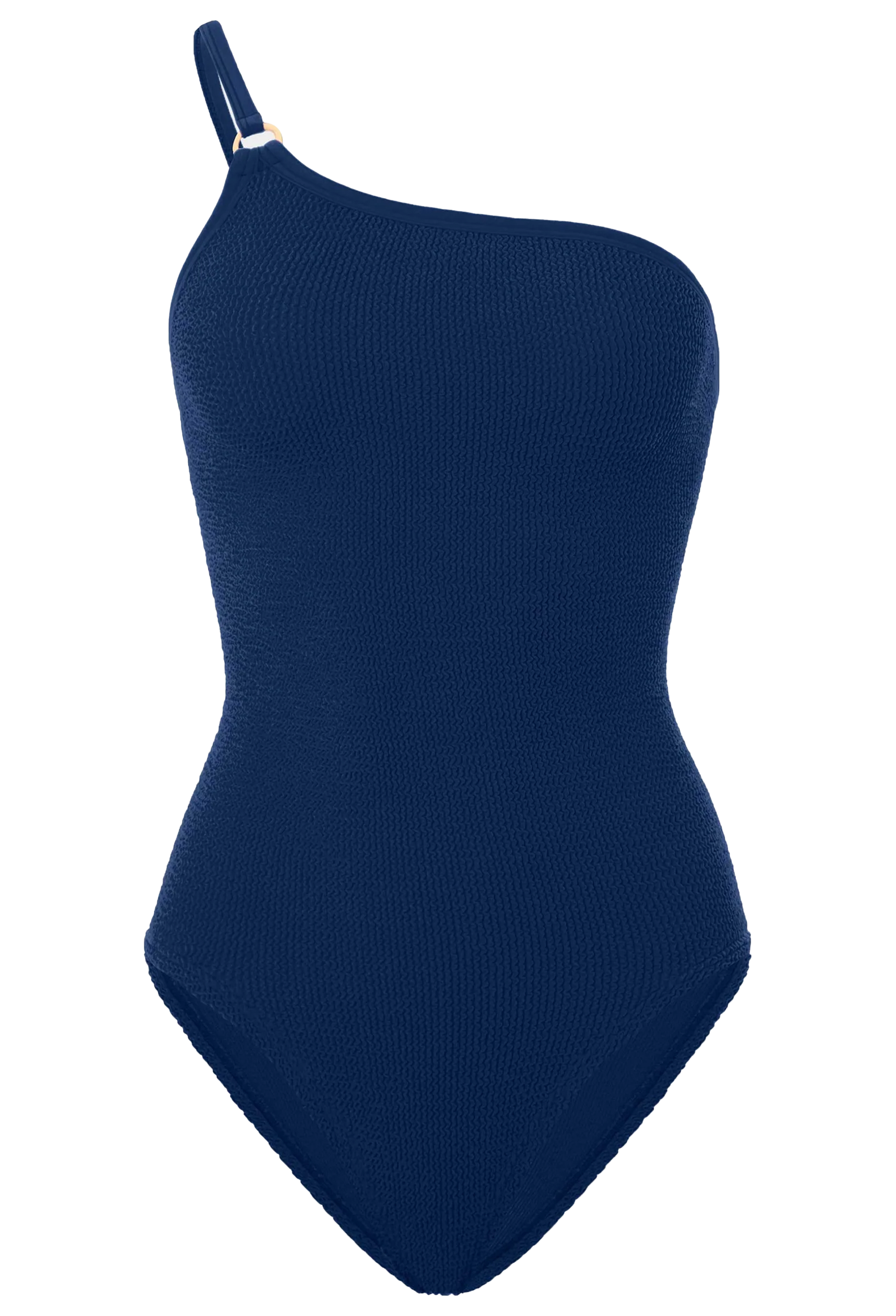 Navy blue one-shoulder swimsuit on a white background