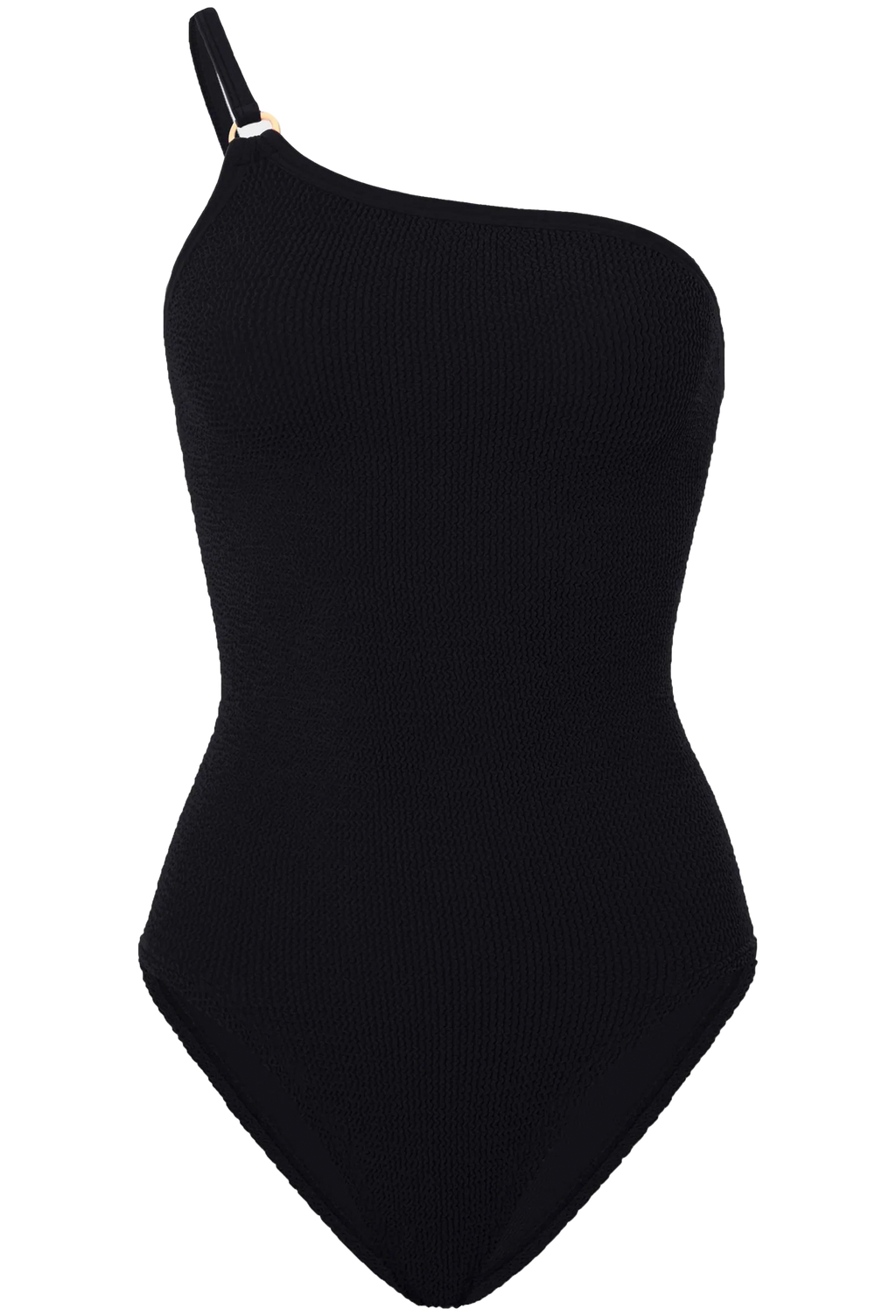 Black one-shoulder swimsuit on a white background