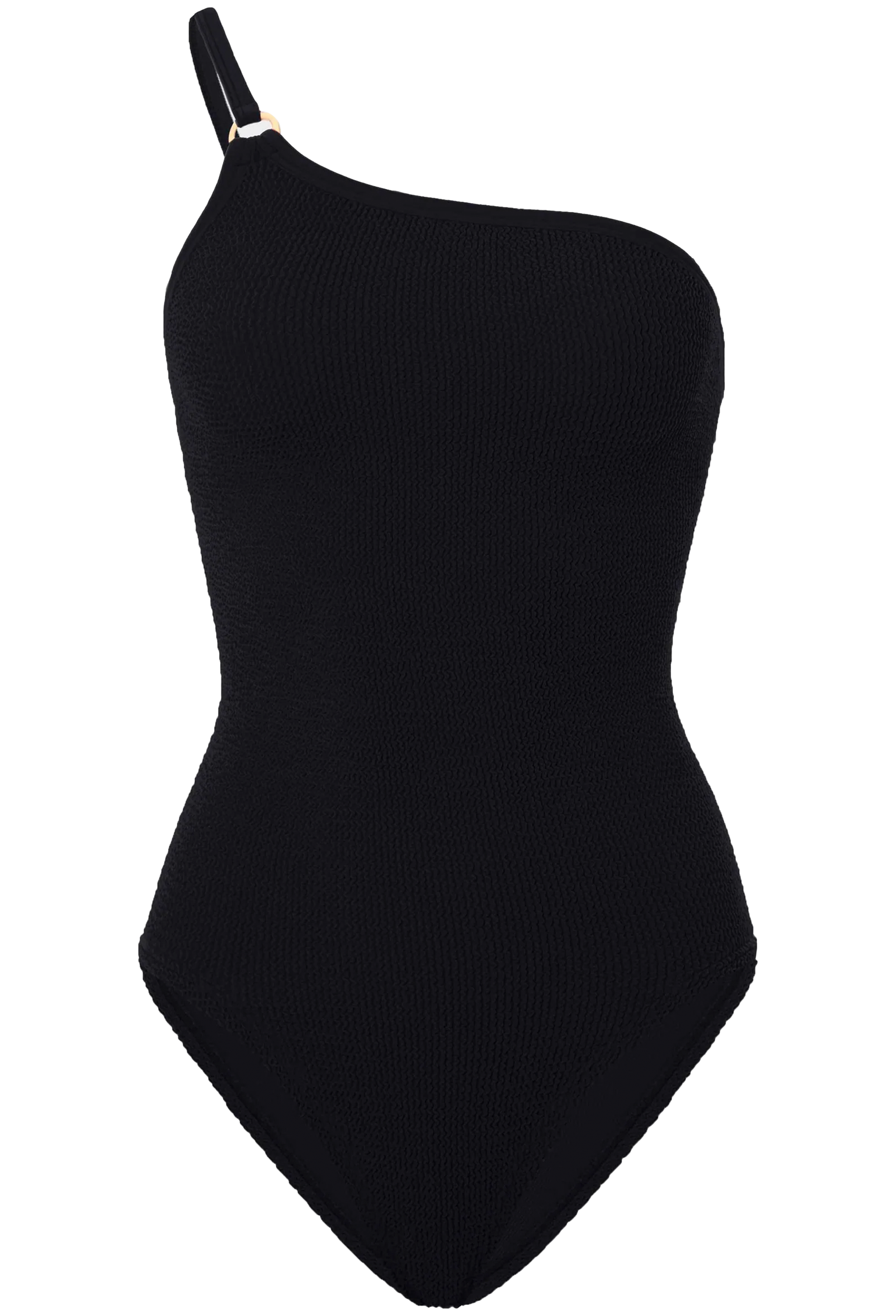 Black one-shoulder swimsuit on a white background