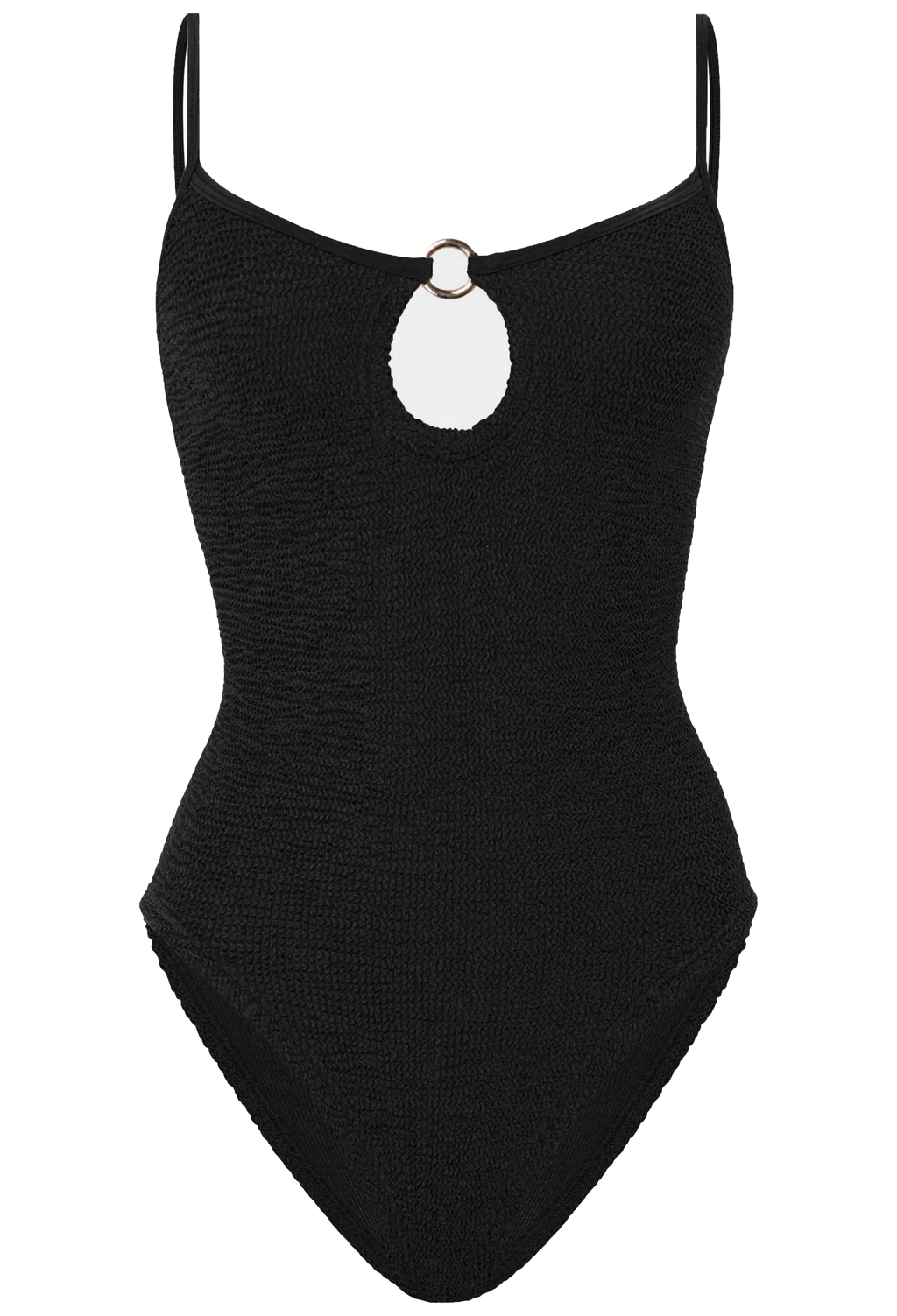 Black swimsuit with a unique white detail on a white background