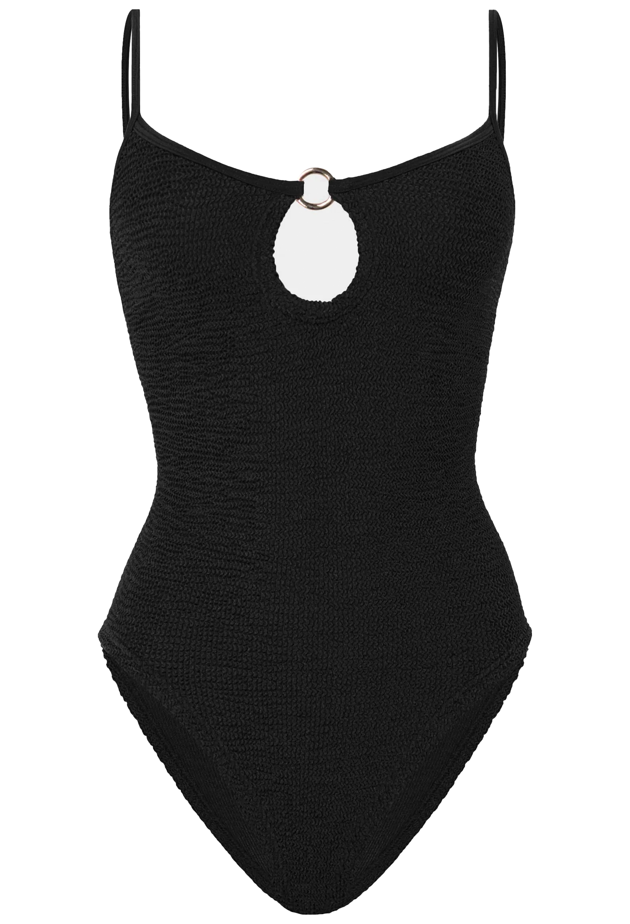 Black swimsuit with a unique white detail on a white background
