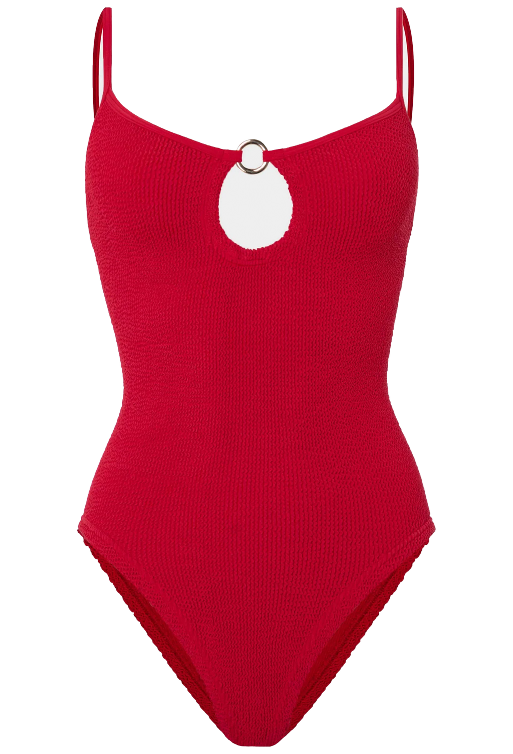 Red swimsuit with a white circular cutout on a white background